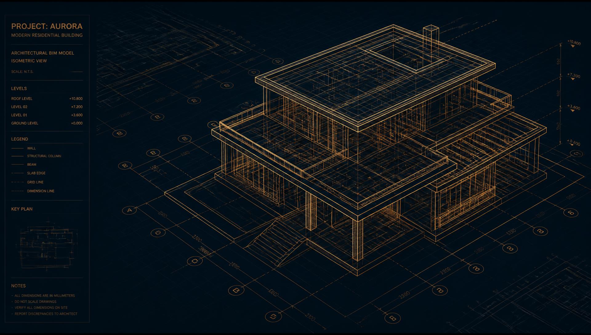 Modelo BIM isométrico en planos técnicos